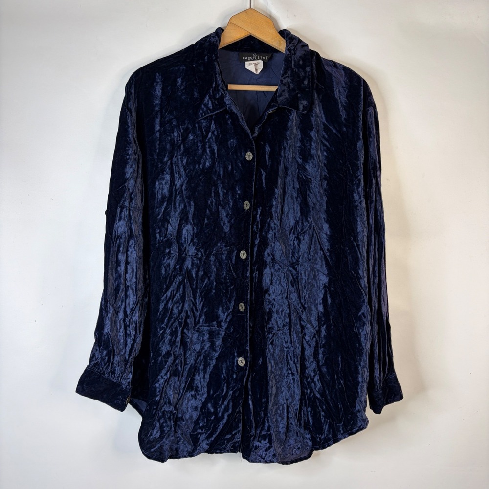 Carole Little Sport Button Down Women 12 Navy Blue Crushed Velvet Vintage Shirt